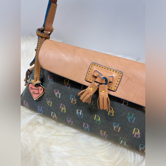 Dooney & Bourke “ Vintage It Bag” Leather Baguette Rainbow Monogram Blue Trim - Picture 9 of 17